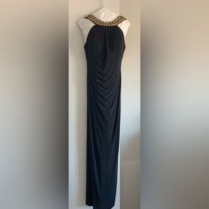 Black evening dress with gold beaded neck line (Xscape brand, size 8)